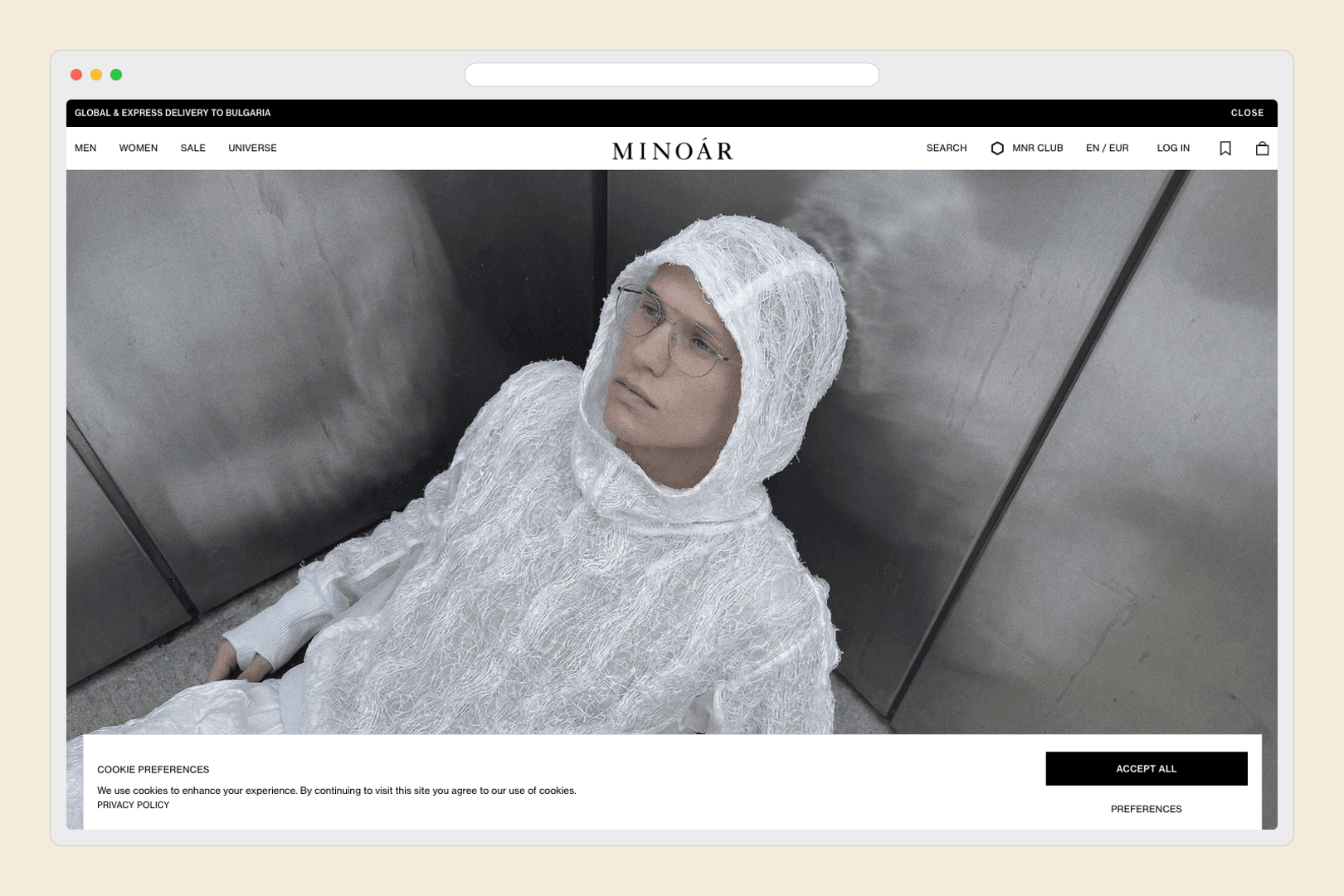 Minoar storefront on desktop browser